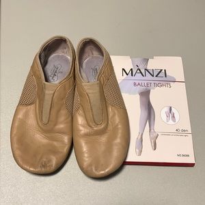 Revolution dancewear pull-on jazz shoes (size 8.5) and Manzi tights (size 5).